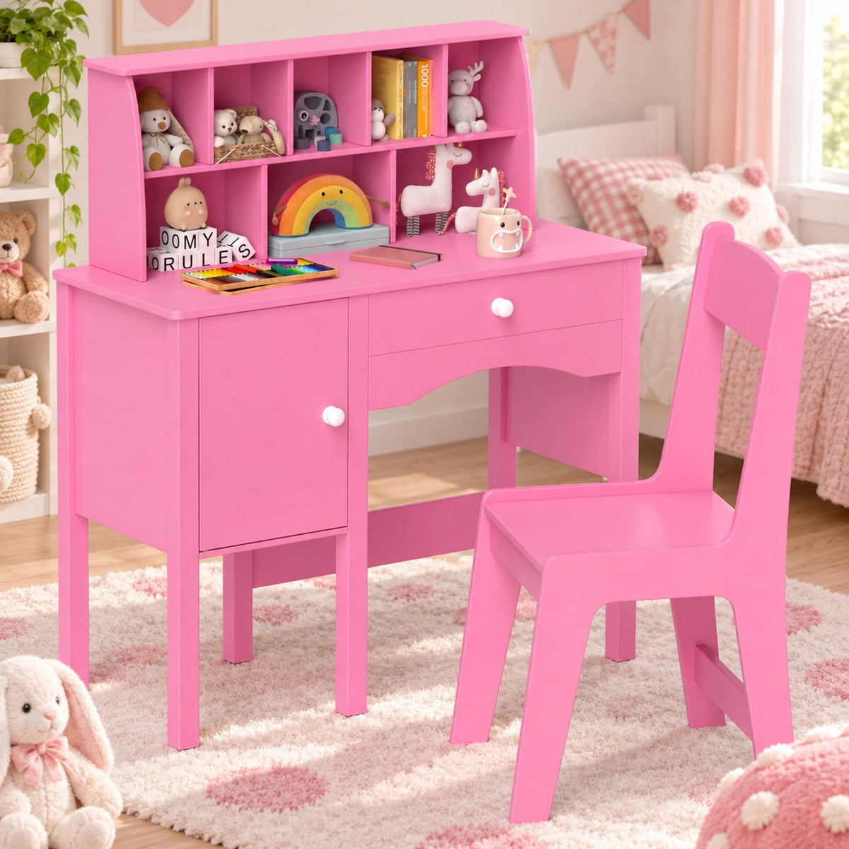 Airfind Kids Study Desk and Chair Set with Chair Hutch and Storage Cabinet for 3+ Years Old, 110 lbs Capacity, MDF Frame, Pink