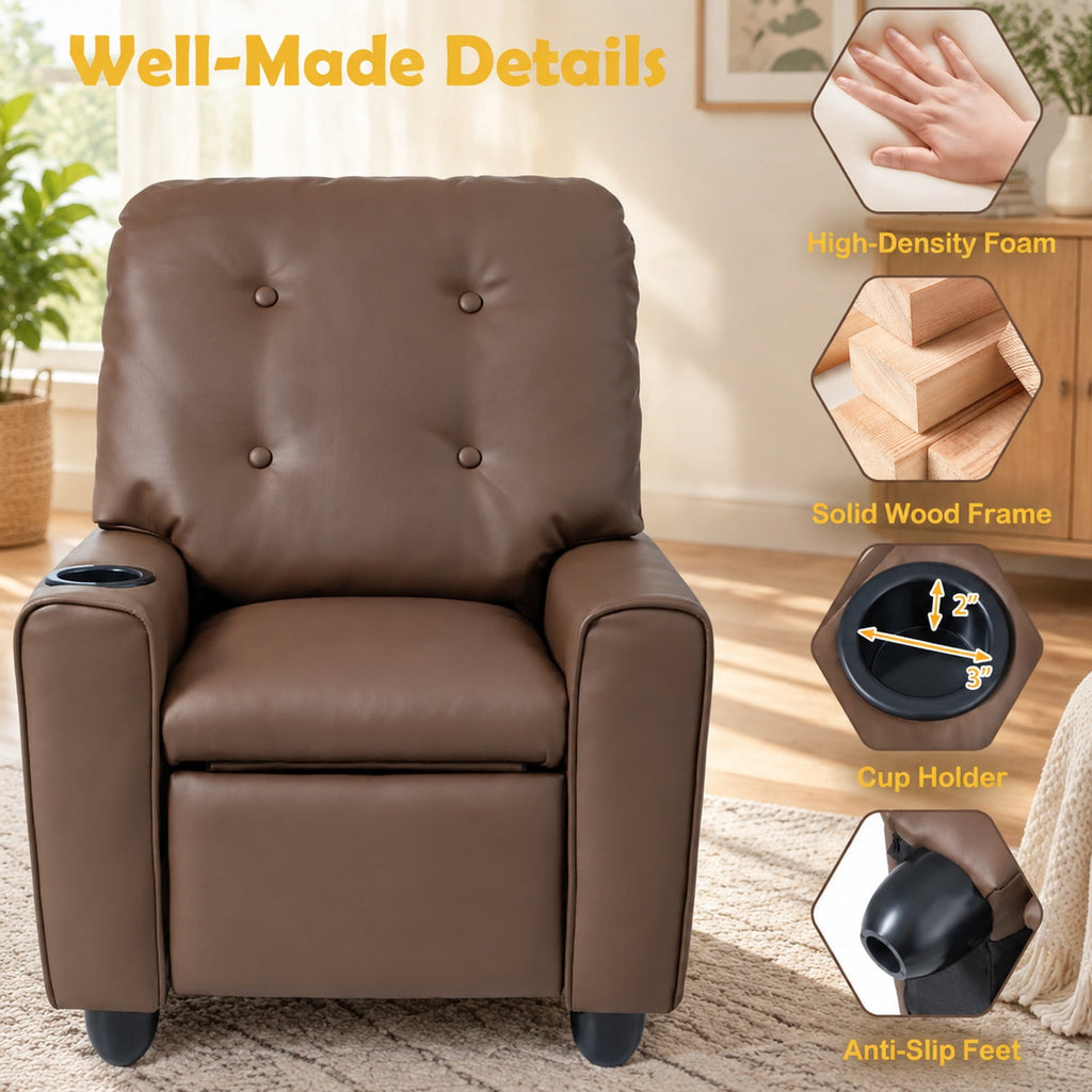 Airfind Youth Recliner Chair with Cup Holder, Side Pocket and Push-back Footrest, PU Upholstery, 24 x 21 x 30 in for Everyday Use, Brown