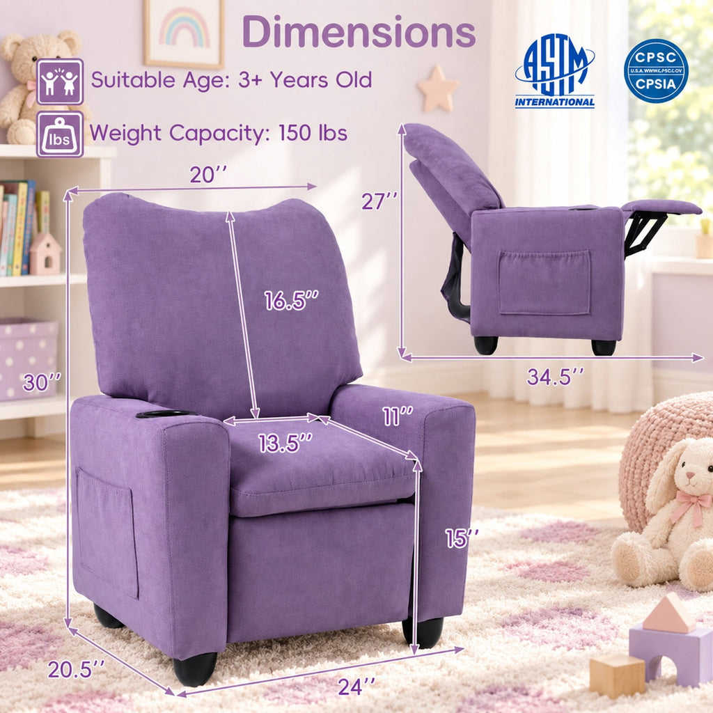 Airfind Kids Recliner Toddler Single Sofa with Adjustable Footrest and Cup Holder, 150 lbs Capacity, Wood Metal Sponge Chenille Fabric Frame, Purple