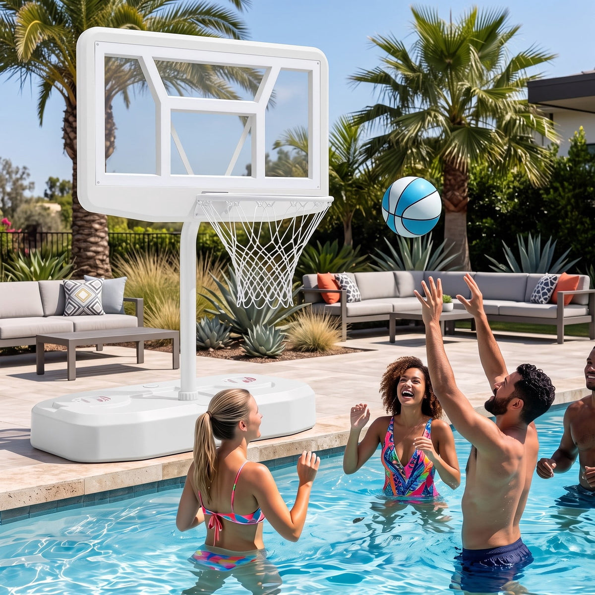 Airfind Pool Basketball Hoop Set with 2 Balls and Inflation Pump, Poolside Water Basketball Game with Weighted Fillable Base and Shatterproof Backboard for, White
