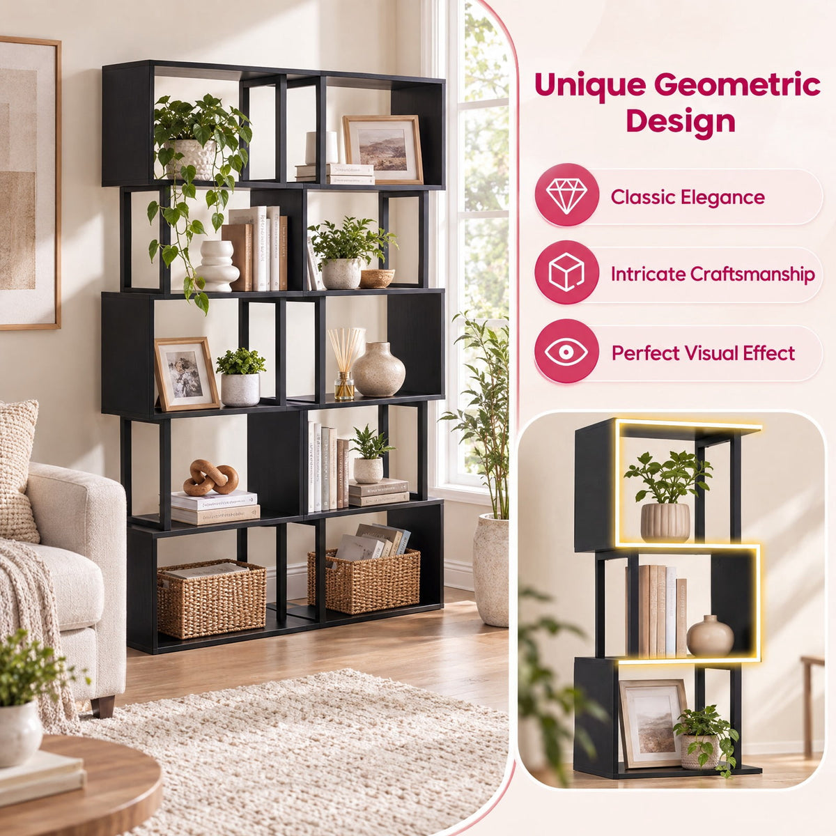 Airfind 5-Tier S-Shaped Bookshelf w/ Open Cubes Anti-toppling Kits for Living Room, 22 lbs Capacity, Engineered Wood Frame, Black