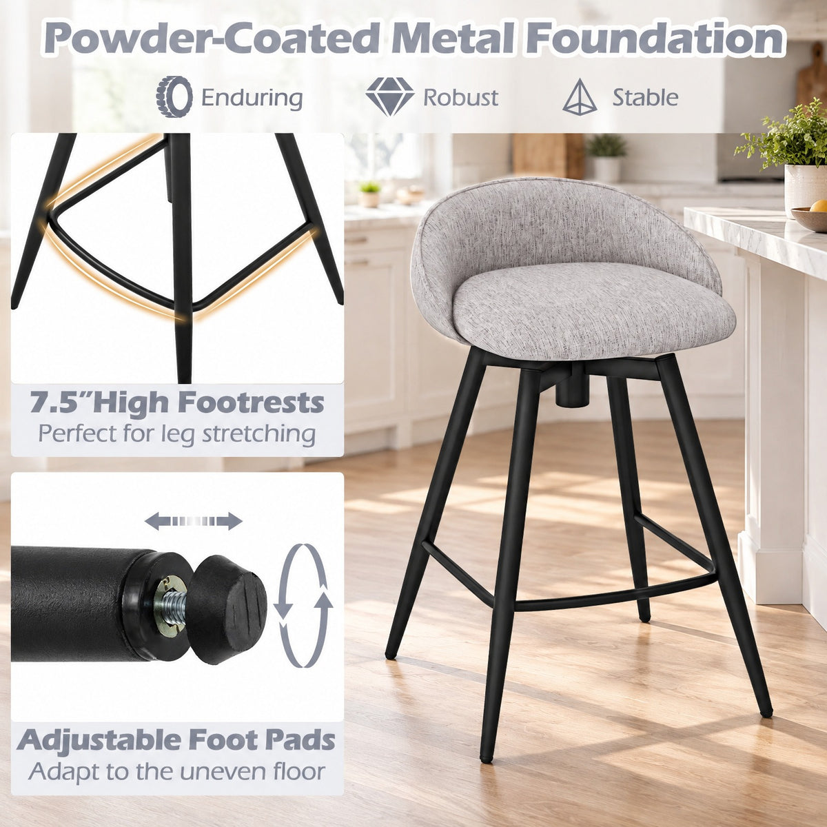 Airfind Upholstered Bar Stools Set of 2 with Footrest and Backrest, 330 lbs Capacity, Metal Linen Fabric Sponge Frame, Gray