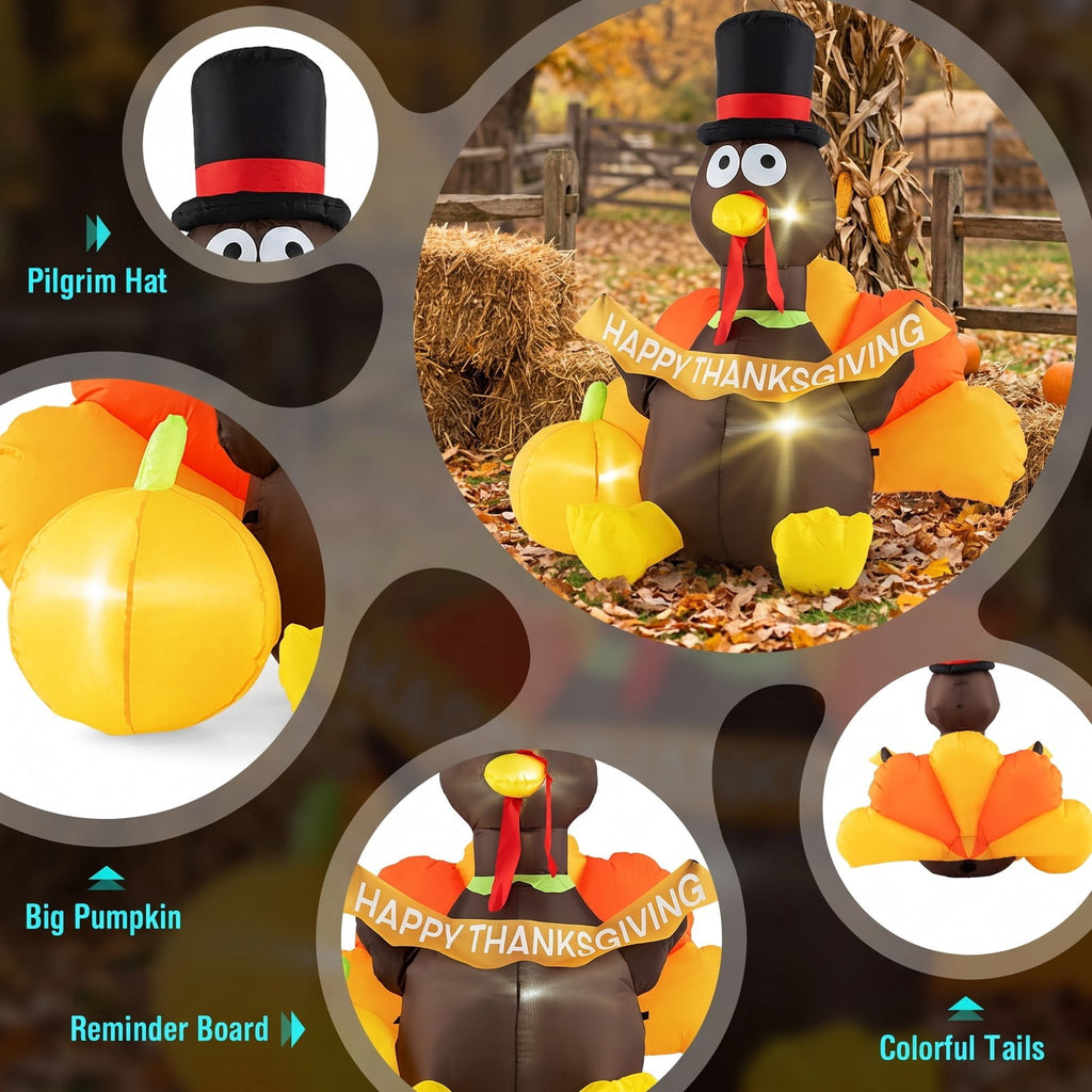 Airfind 5 FT Inflatable Turkey with Pumpkin and LED Lights for Indoor Party, 190T Polyester Fabric, 4.6 x 3.6 x 5 ft Length of