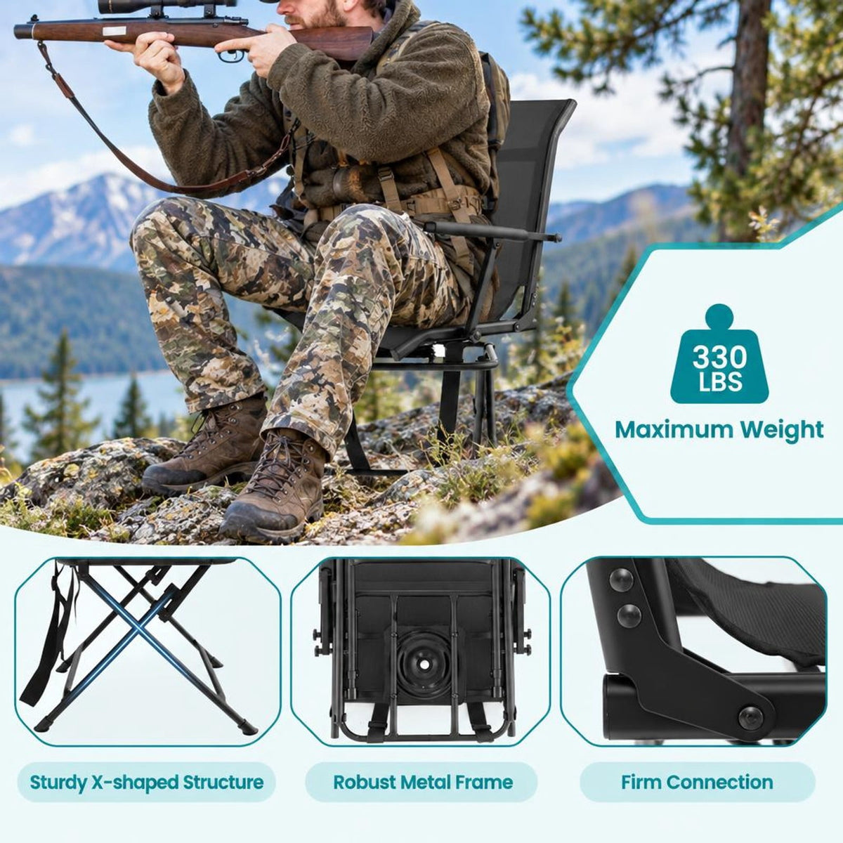 Airfind Foldable Swivel Hunting Chair with Mesh Back, Armrests and Wide Feet, 330 lbs Capacity for Ground Blind and Outdoor Use, Black