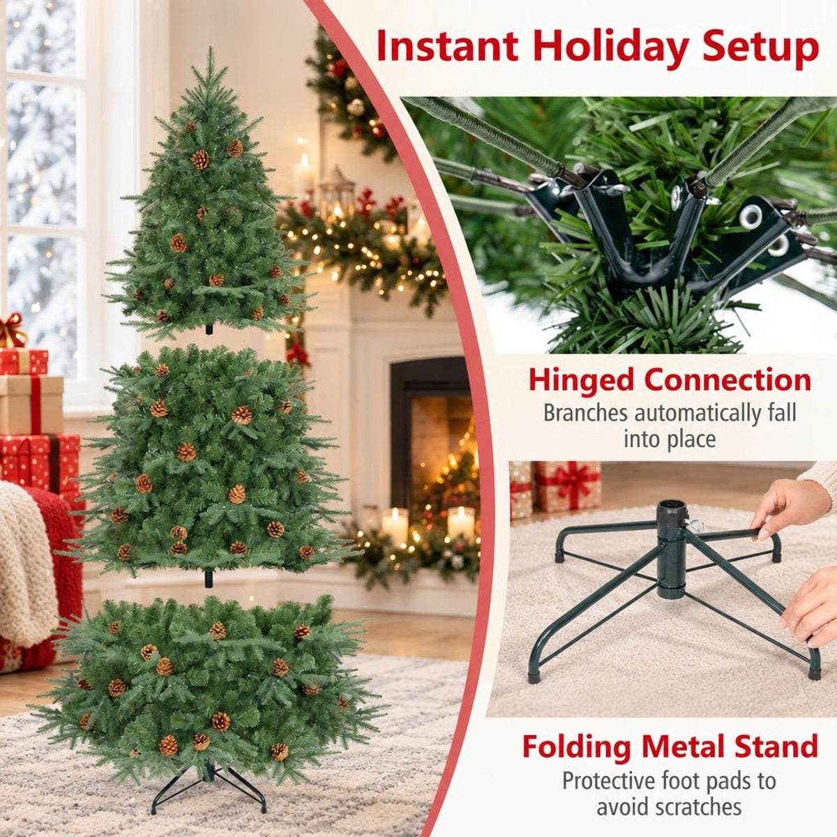 Airfind 7 ft Pre-Lit Artificial Christmas Tree with 460 Warm White LED Lights, 61 Pine Cones, 925 Branch Tips and Folding Metal Stand, Green
