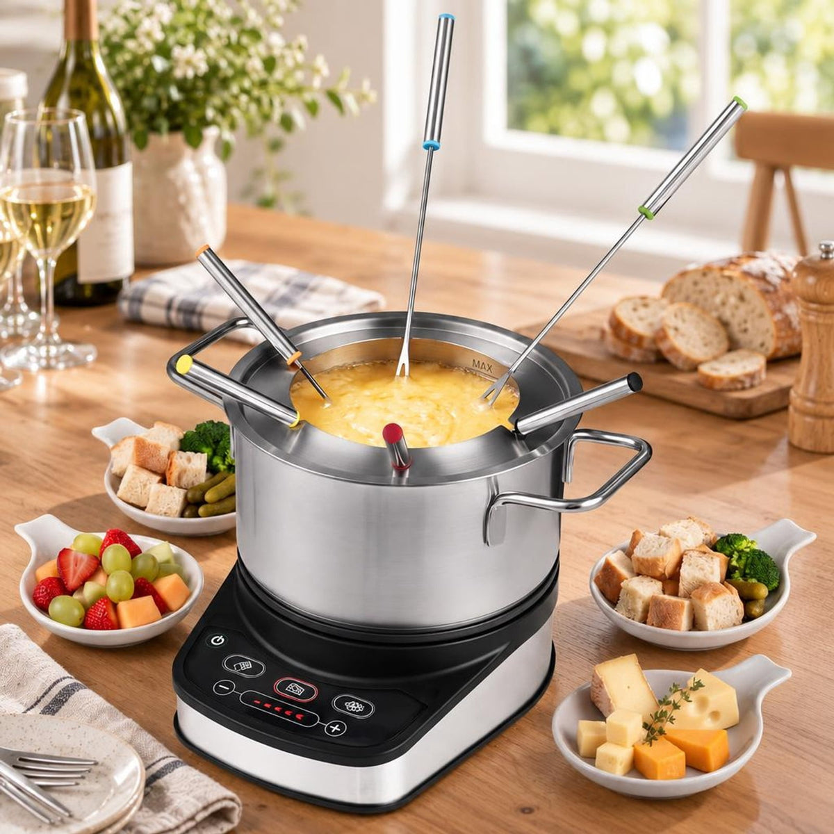 Airfind 1200W Electric Fondue Pot Set with 3.2 QT Removable Pot 6 Color, Stainless Steel PBT Frame, 9.5 × 7 × 3 Footprint, Silver + Black