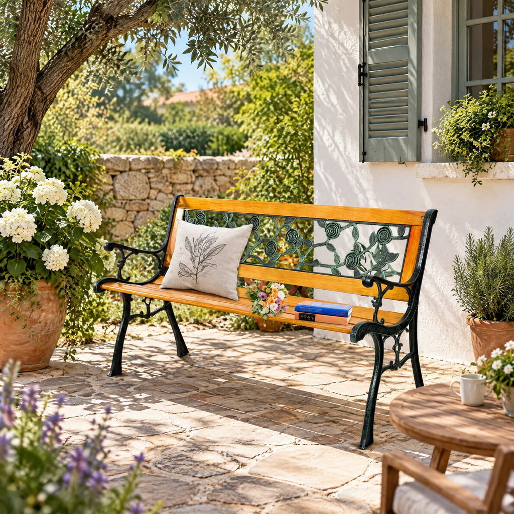 Airfind 49 1/2 Inch Patio Park Garden Porch Chair Bench, 463 lbs Capacity, Cast iron Frame, 49.5 Inch x 20.5 Inch x 29 Inch Product weight: 30 lbs Footprint