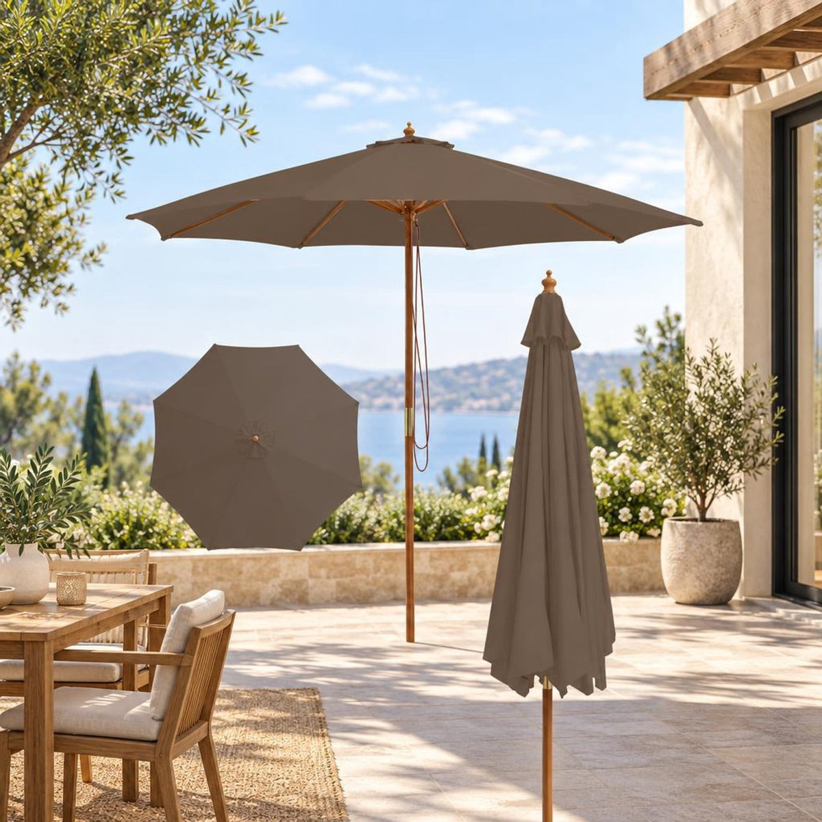 Airfind 10 Feet Patio Umbrella with 8 Wooden Ribs and 3 Adjustable Heights, 180G polyester fabric PP bamboo wood Frame, Brown