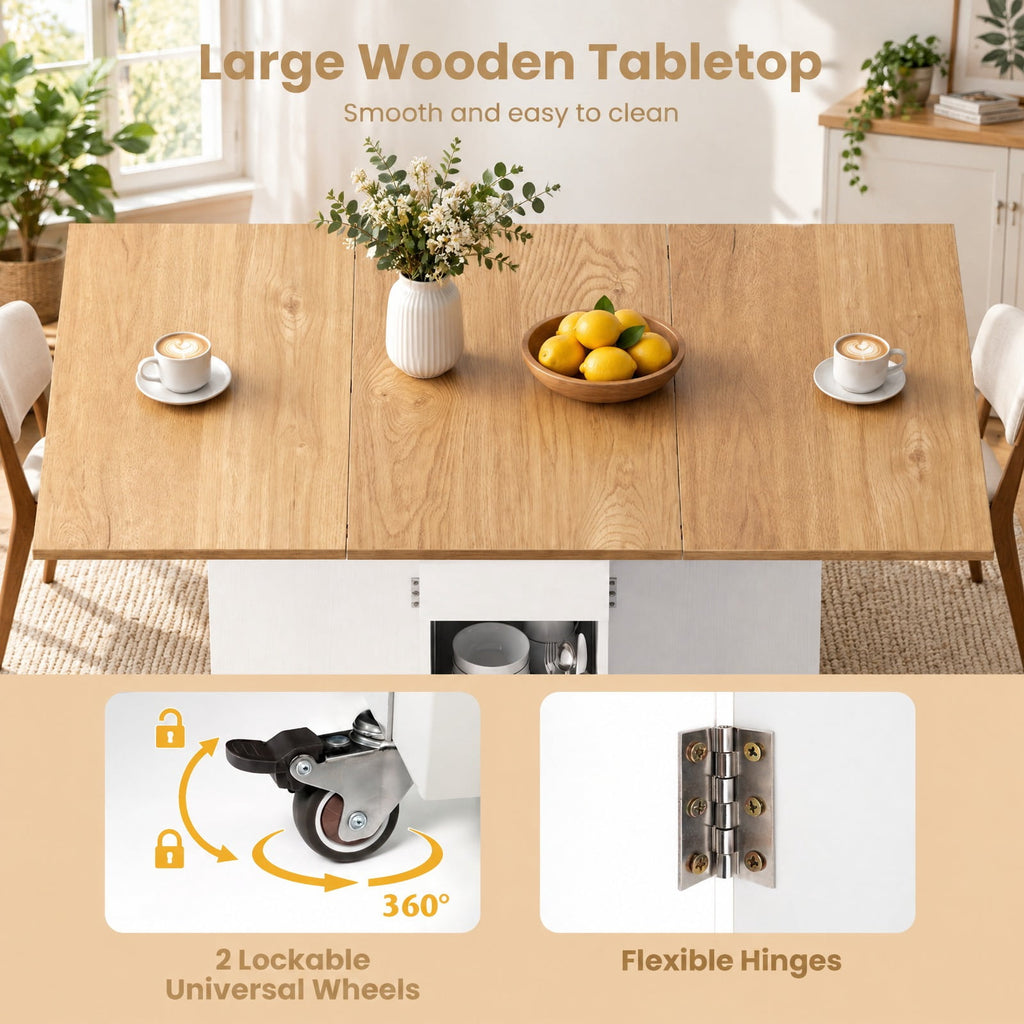 Airfind 47.5 Inch Farmhouse Extendable Wooden Dinner Table with Lockable Wheels, 88 Lbs Each Shelf Capacity, Engineered Board MDF, Natural