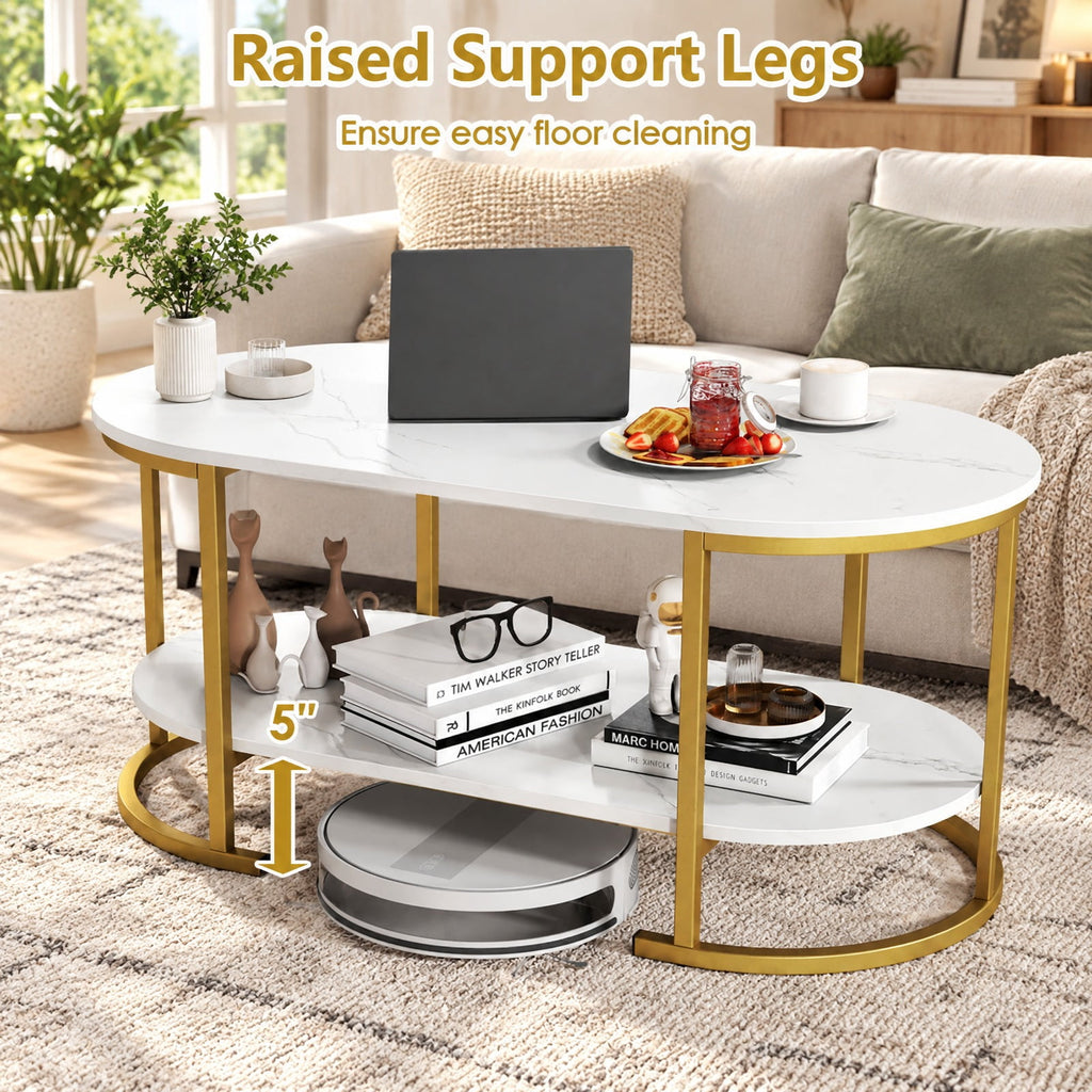 Airfind Oval Coffee Table 2-Tier Wooden Accent Table with Spacious Tabletop and Open Storage Shelf, Engineered Board Metal Frame, White
