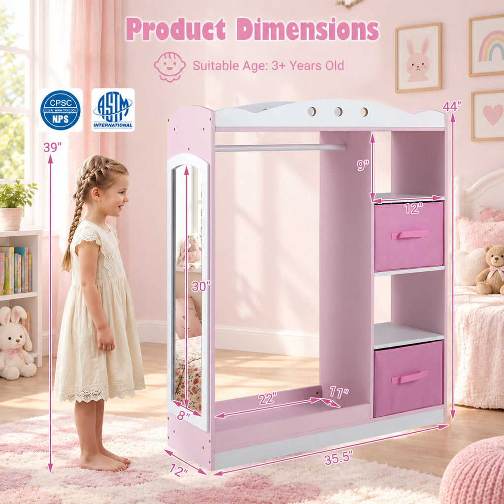 Airfind Kids Dress Up Storage with Full Length Mirror and Open Shelves, Engineered Wood Frame, for 3+ Years Old, 35.5in x 12in x 44in Footprint, Pink