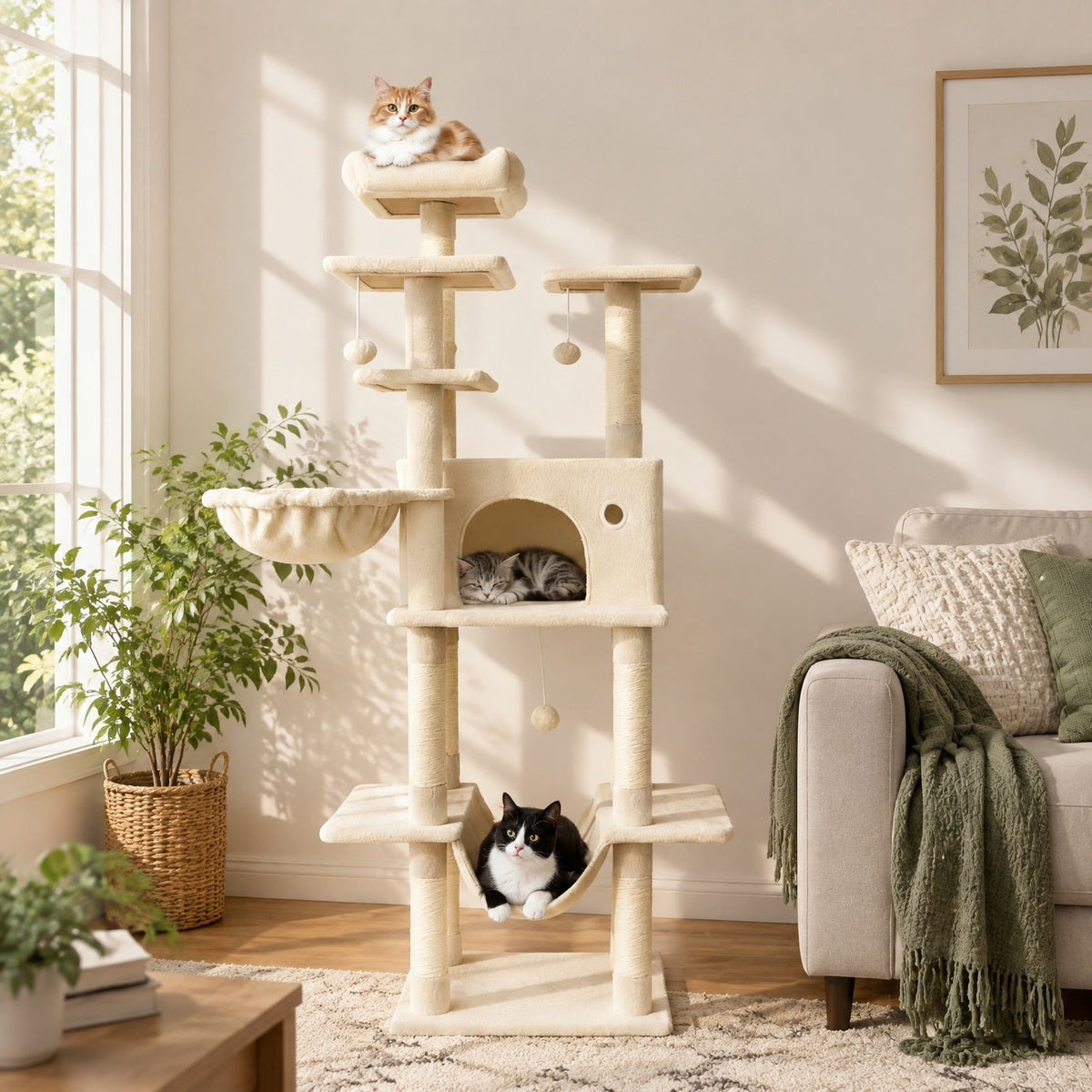 Airfind Large Cat Tree for Indoor Cats 63 Inch Tall Cat Tower, Plush Fabric Sisal Engineered Wood Base Frame, Gray