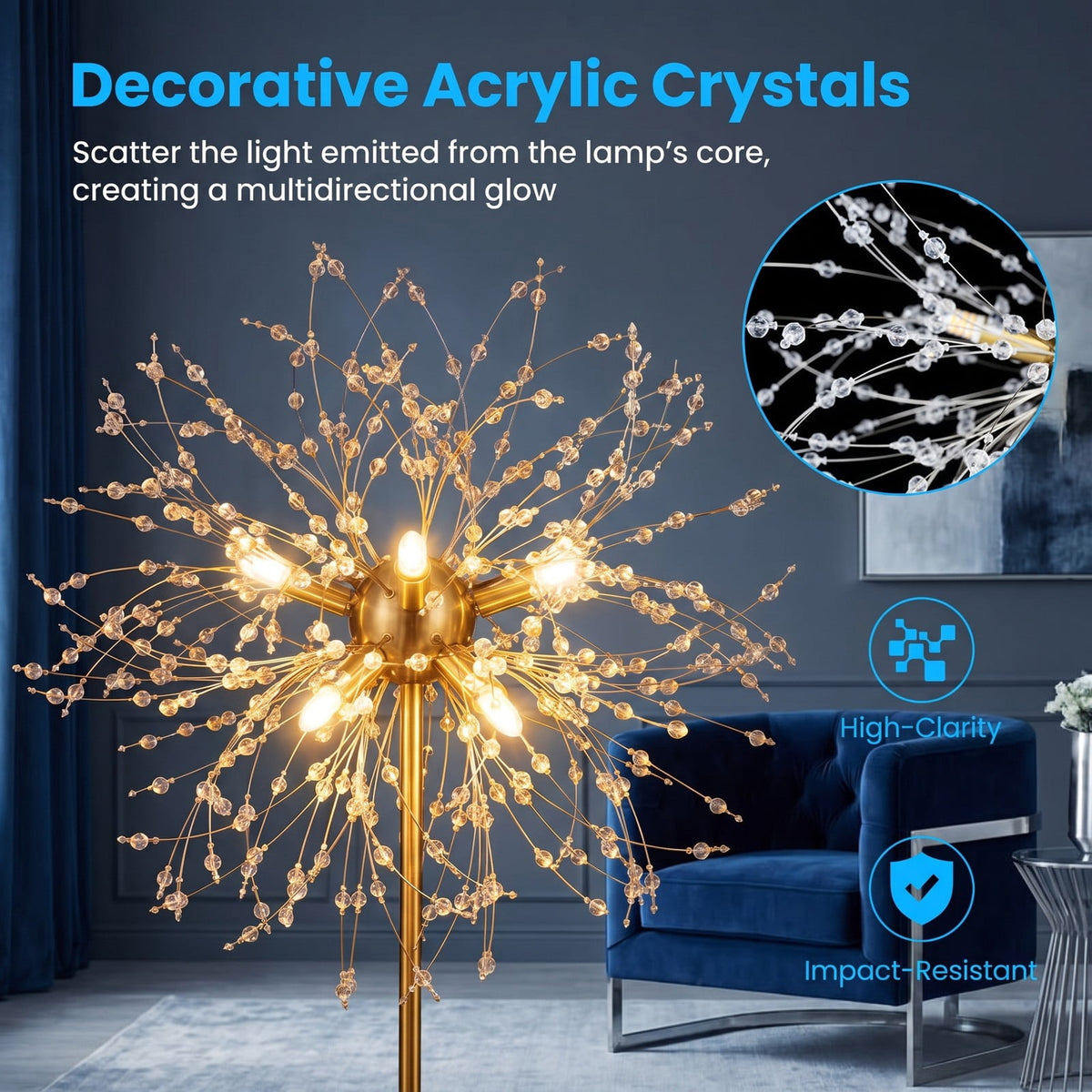 Airfind 63-Inch Crystal Floor Lamp with Acrylic Crystals, Metal Acrylic Stainless Steel Frame, 11in x 63in Cord Length 6.9 ft Footprint, Gold