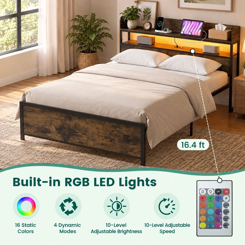 Airfind LED Bed Frame with Power Outlets and Storage Headboard, 1000 lbs Capacity, Engineered Wood Metal MDF Frame