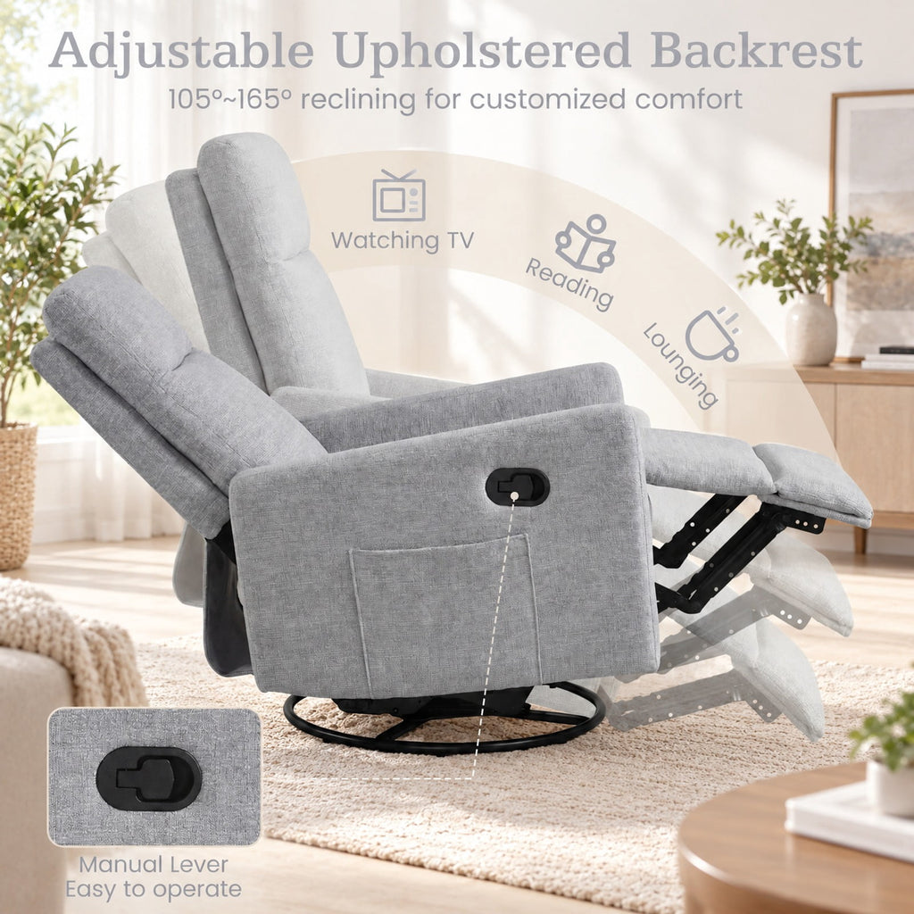 Airfind Swivel Rocking Chair 360° Nursery Reclining Rocker Armchair with Cushioned Back, 330 lbs Capacity, Lint Fabric Frame, Gray