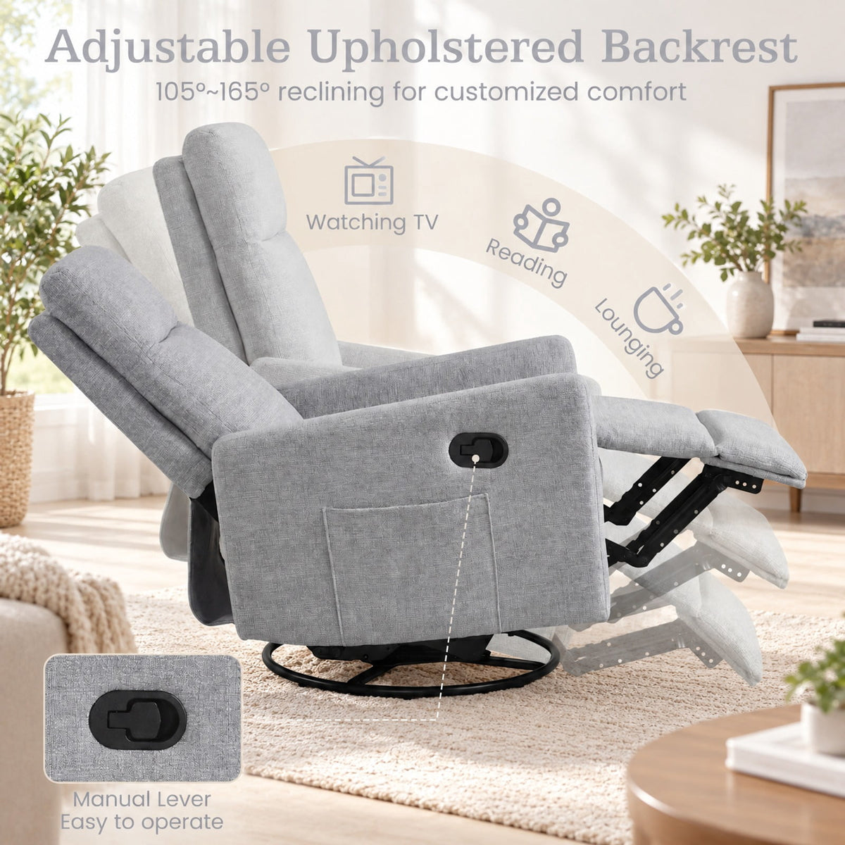 Airfind Swivel Rocking Chair 360° Nursery Reclining Rocker Armchair with Cushioned Back, 330 lbs Capacity, Lint Fabric Frame, Gray