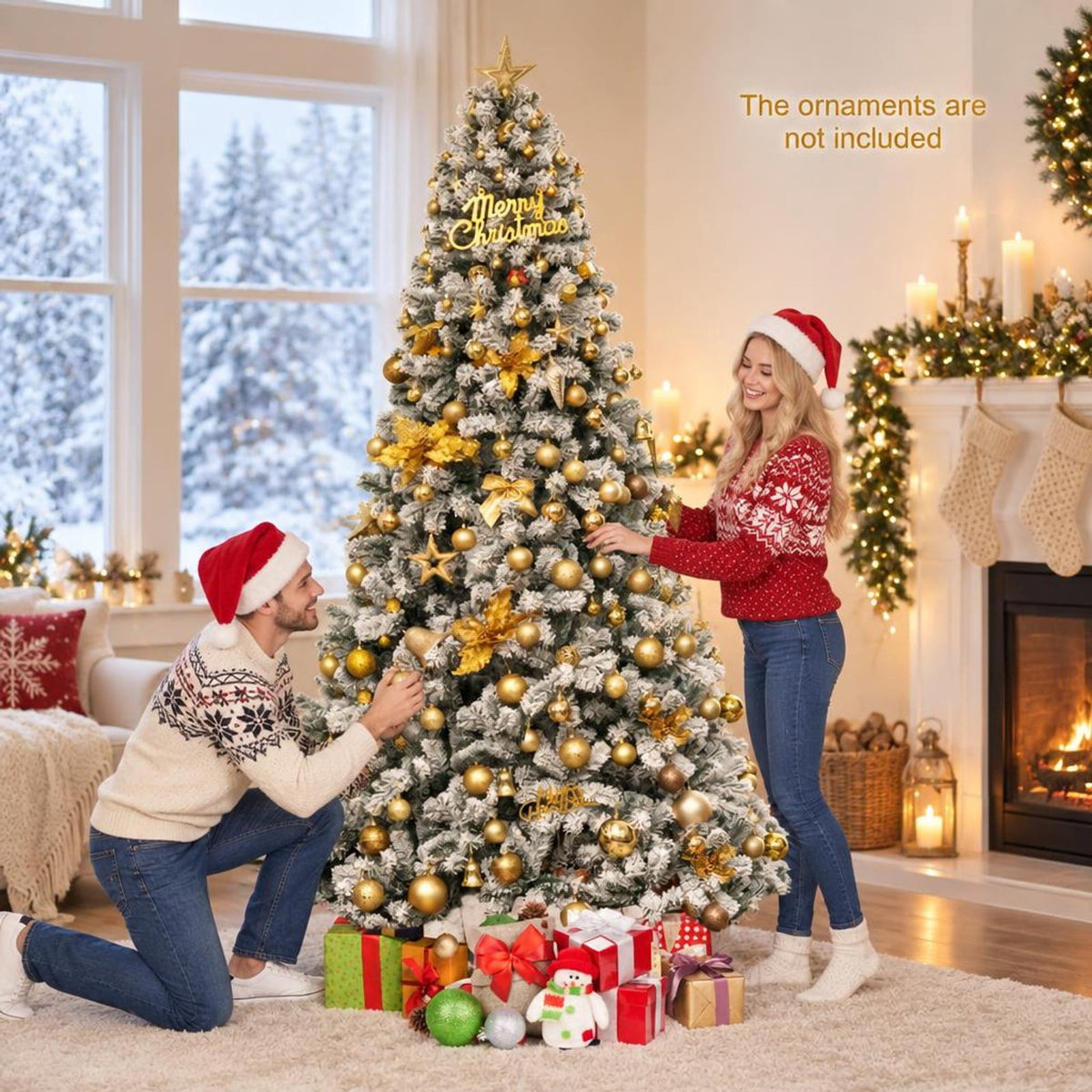 Airfind Snow-flocked Artificial Christmas Tree 9 Ft featuring Hinged PVC Branches and Metal Stand for Indoor Holiday Decor, White