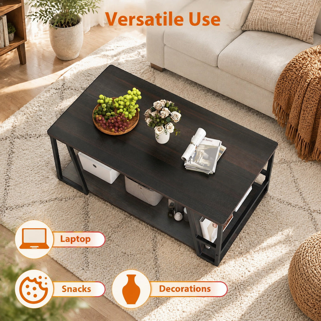 Airfind Rectangle Coffee Table 2-tier Industrial Accent Table with Storage Shelf and Compartment, 176 lbs Capacity, Engineered Wood Metal Frame