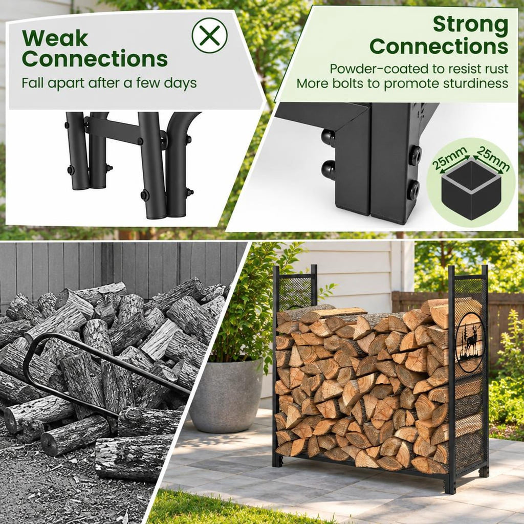 Airfind 4 Feet Firewood Rack Stand with Mesh Sides, 300 lbs Capacity, Metal Frame, 48 x 15 x 46 Footprint, Black