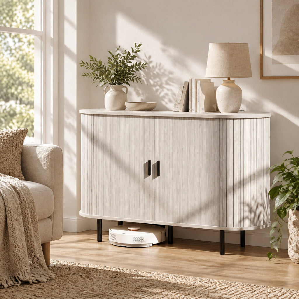 Airfind 47 Inch Fluted Sideboard Buffet Cabinet with Tambour Sliding Doors and Metal Legs, Engineered Wood MDF Metal Plastic Frame, Grey