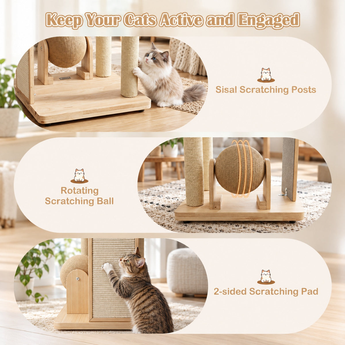 Airfind 40 Inch Solid Wood Cat Tree featuring Space Capsule and Sisal Posts and Scratching Board, 23.5 Inch x 21 Inch x 40 InchBase Footprint, Natural