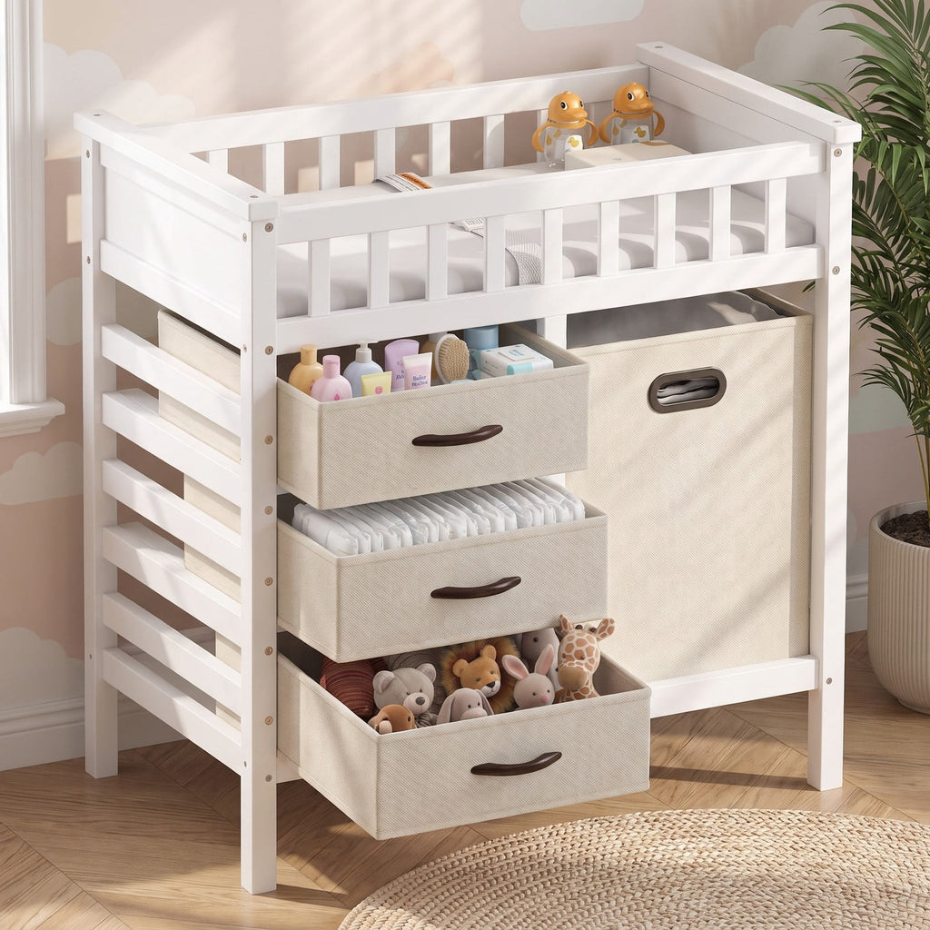 Airfind Wooden Baby Changing Table Diaper Changing Station with 3 Fabric Storage Drawers, 30 lbs Capacity, Engineered Wood Pine PEVA Foam Frame