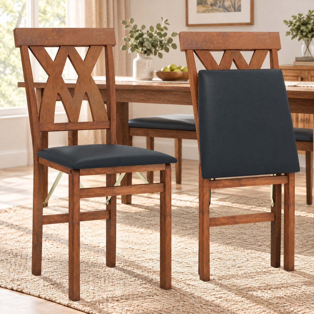 Airfind Folding Wooden Dining Chair Set of 2 Faux Leather Upholstered Kitchen Armless Chairs, 330 lbs Capacity, 16 Inch x 21 Inch x 36 Inch Footprint, Walnut