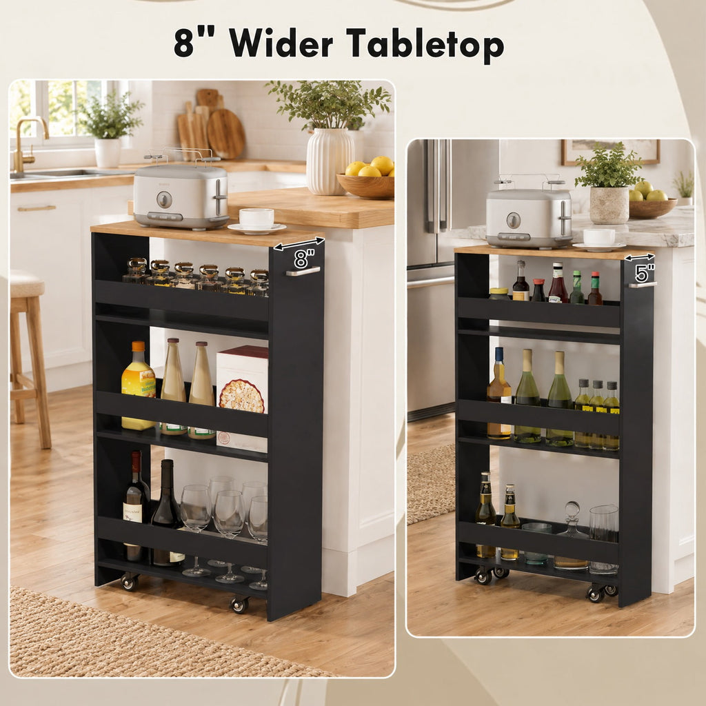 Airfind 4-Tier Rolling Storage Cart Slim Kitchen Cart on Wheels with Open Shelves and Handle, 15 lbs Capacity, Engineered Wood Metal Frame, Black