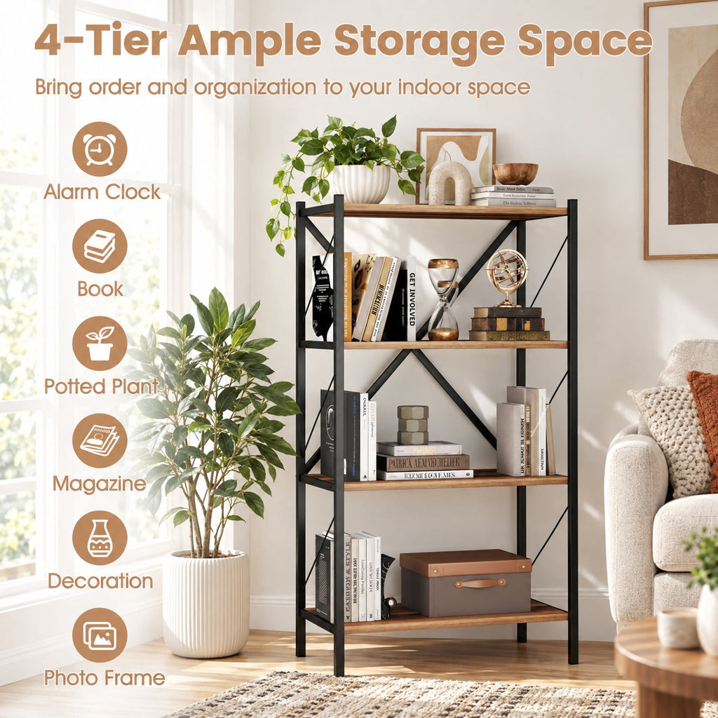 Airfind 4-Tier Bookshelf with Heavy-Duty Metal Frame, 5.5 lbs Capacity, Metal Engineered Wood Frame, Walnut