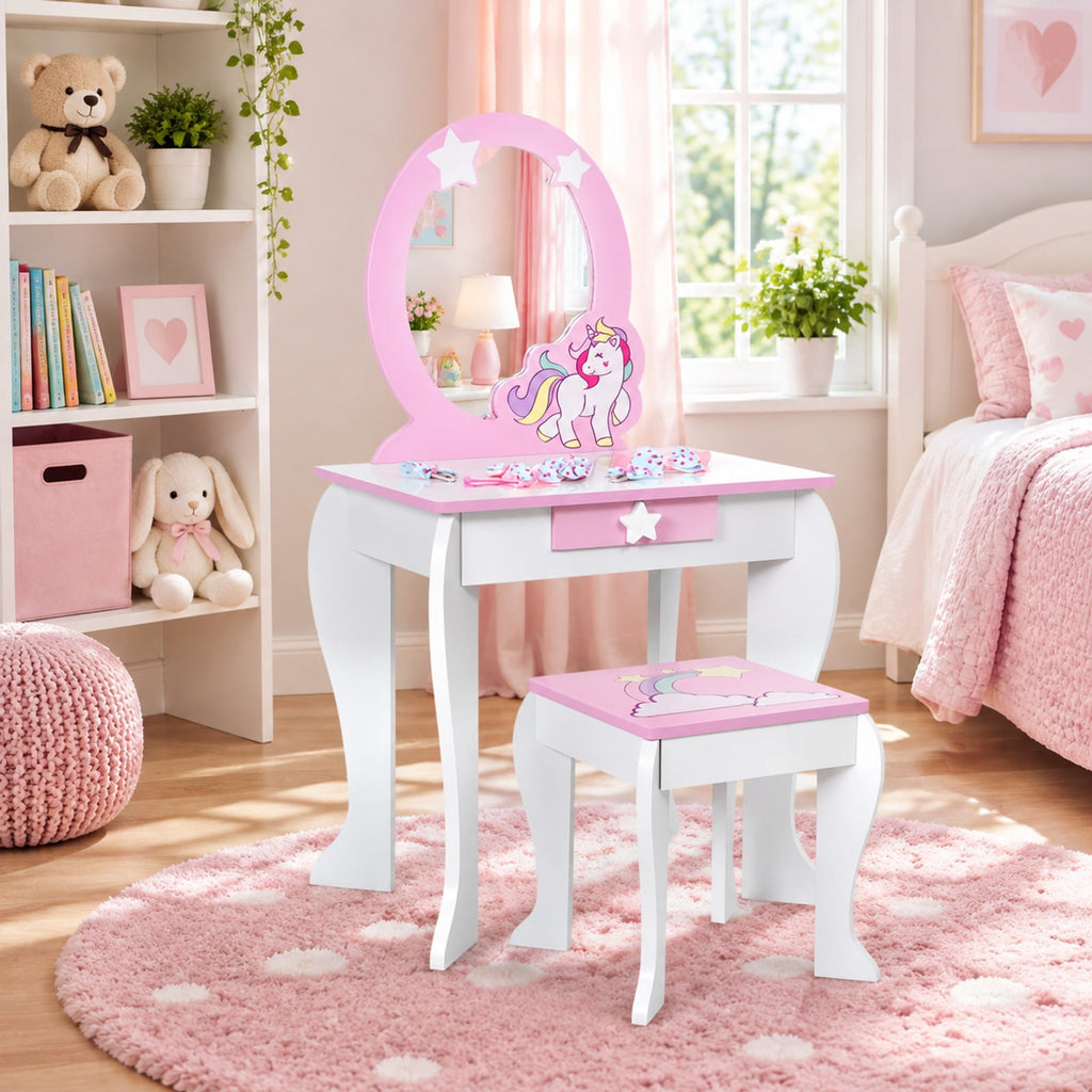Airfind Kids Wooden Makeup Dressing Table and Chair Set with Mirror and Drawer, MDF Frame, 19 Inch x 14 Inch x 35 Inch Footprint, White