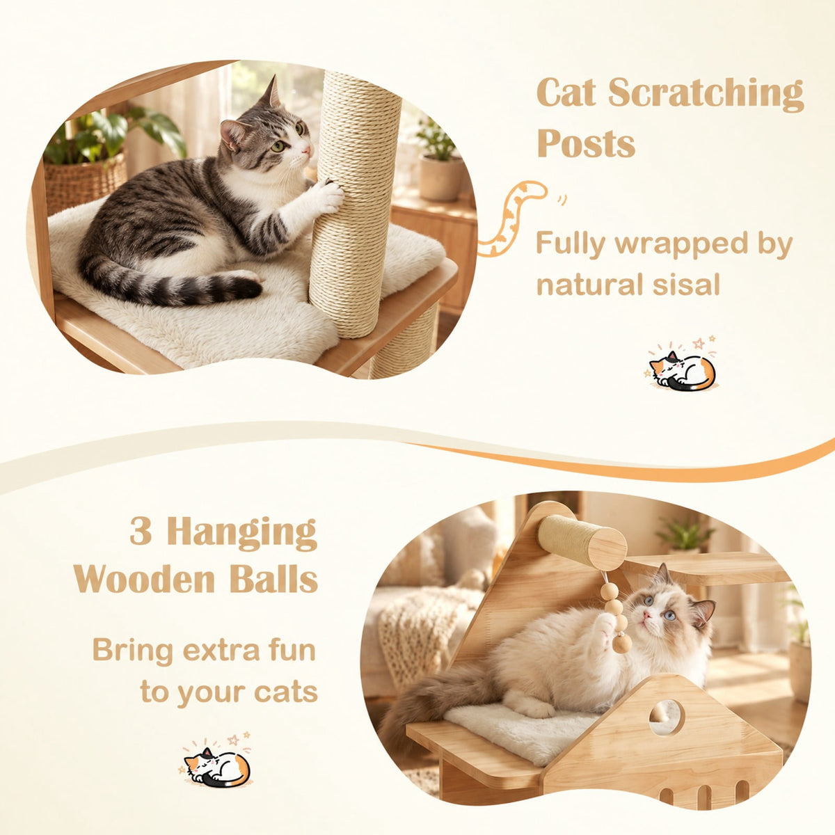 Airfind 48.5in Multi-Level Solid Wood Cat Tree for Indoor Cats with Padded Top Perch Cat Condo and Sisal Scratching Posts, Beige