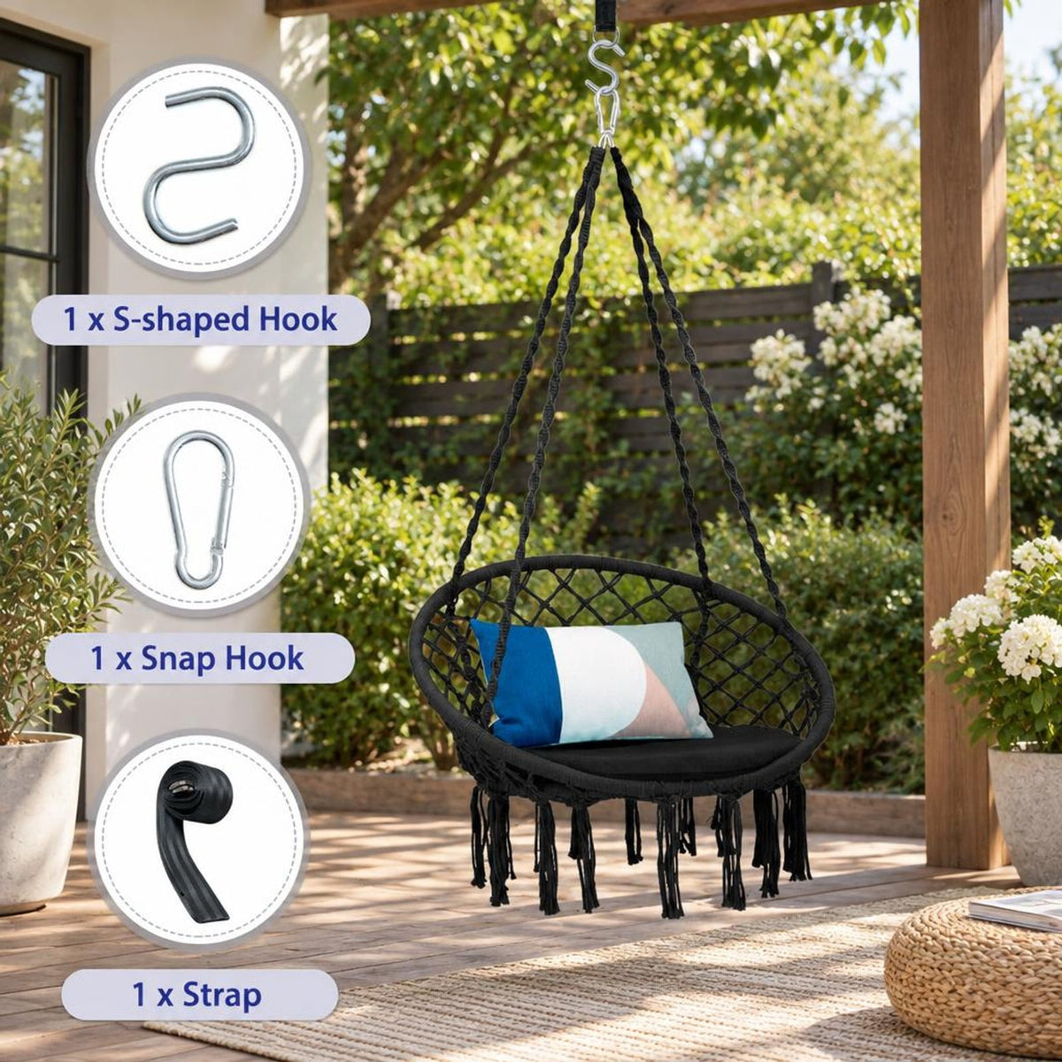 Airfind Cushioned Hammock Swing Chair with Hanging Kit, 330 lbs Capacity, Steel PP cotton polyester Frame, 31.5 Inch x 47 Inch Footprint, Black