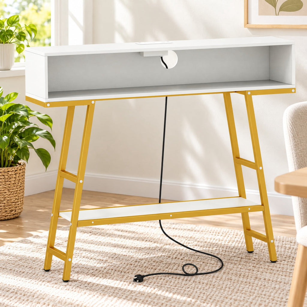 Airfind 40 Console Table with Charging Station and LED Lights, 45 lbs Capacity, Engineered Wood MDF Metal Frame, 40 x 8 x 34 Footprint, White