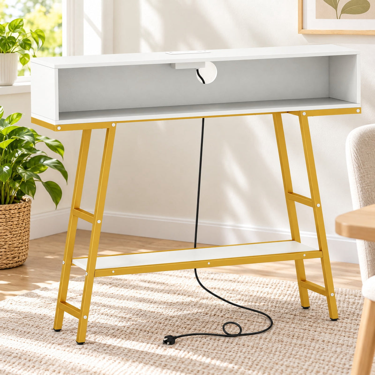 Airfind 40 Console Table with Charging Station and LED Lights, 45 lbs Capacity, Engineered Wood MDF Metal Frame, 40 x 8 x 34 Footprint, White