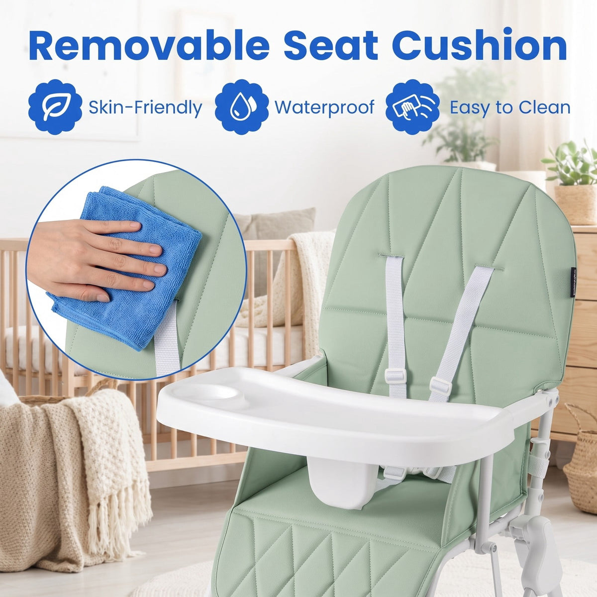 Airfind Easy Clean Compact Highchair with Removable Adjustable Tray and PU Seat Cushion, 33 lbs Capacity, PP Frame, for 6 months-3 years old, Green