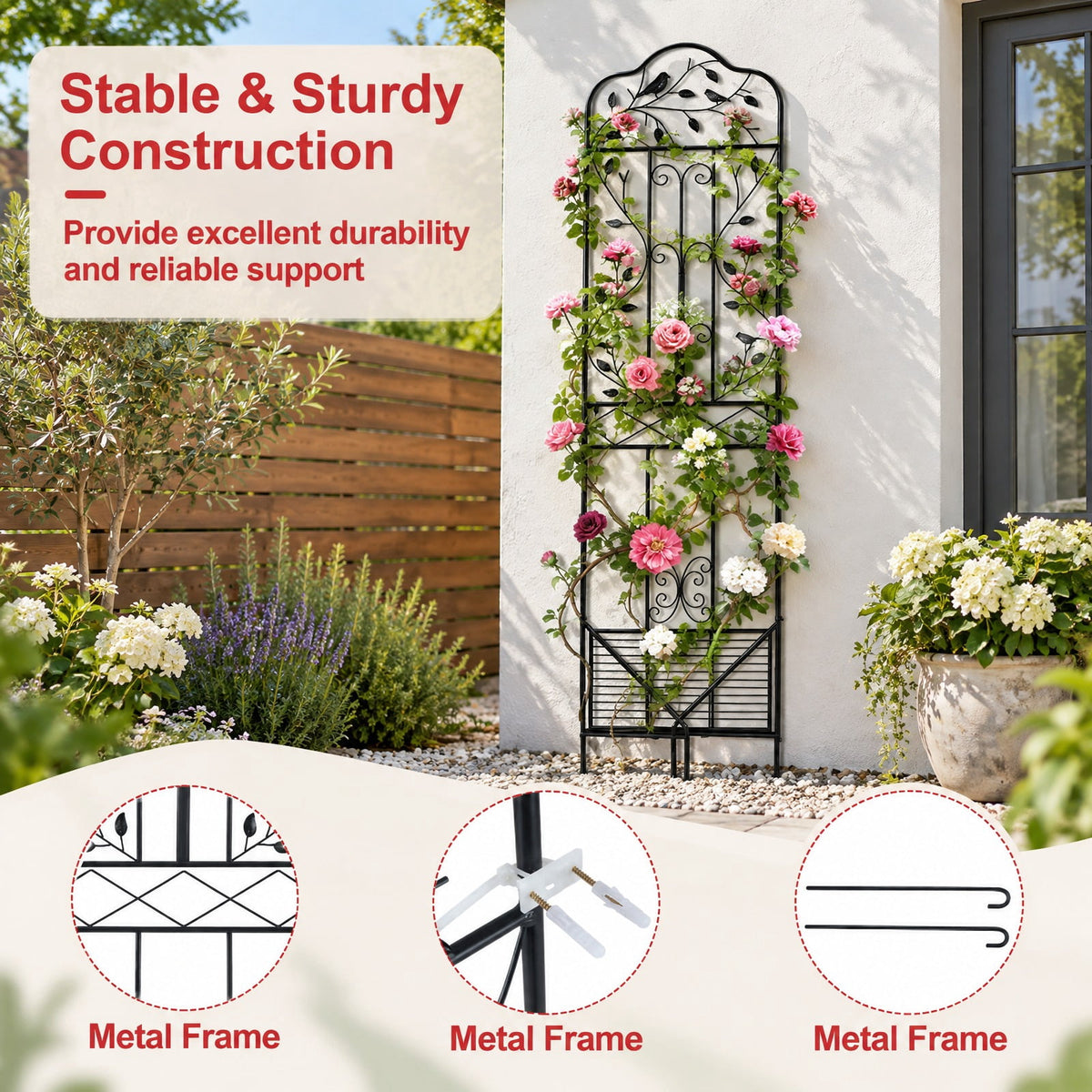 Airfind 75 x 20 Inch Outdoor Metal Garden Trellis with Foldable Bottom Shelf, 33 lbs Capacity, Metal Frame, 20 x 12 x 75 Footprint, Black
