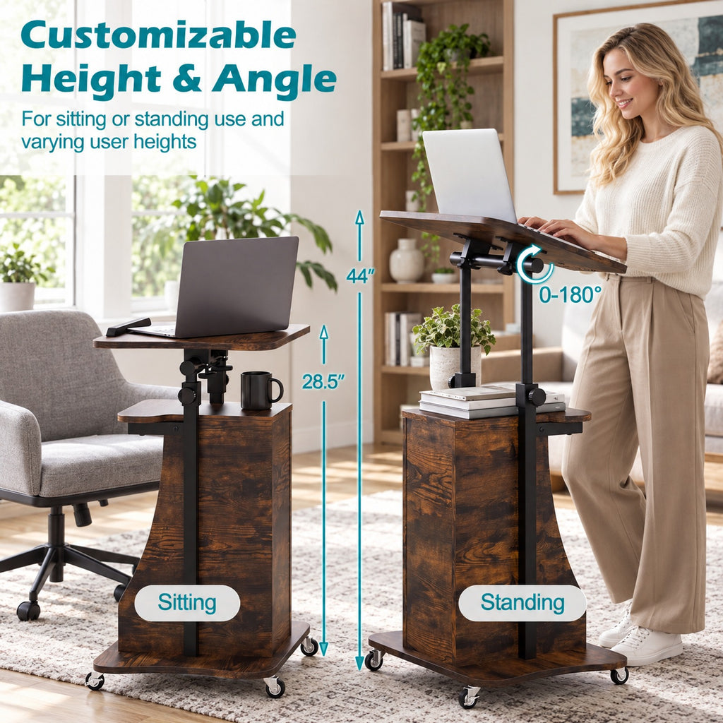 Airfind Mobile Podium Stand Height Adjustable Laptop Cart with Tilting Tabletop and Storage Compartments, 200 lbs Capacity, Brown