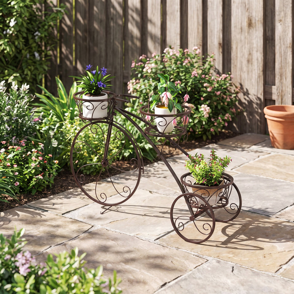 Airfind Tricycle Plant Stand Flower Pot Cart Holder with 3 Hollowed Baskets, Basket 11 LBS Capacity, Metal Frame, 33 x 10 x 20 Footprint, Bronze