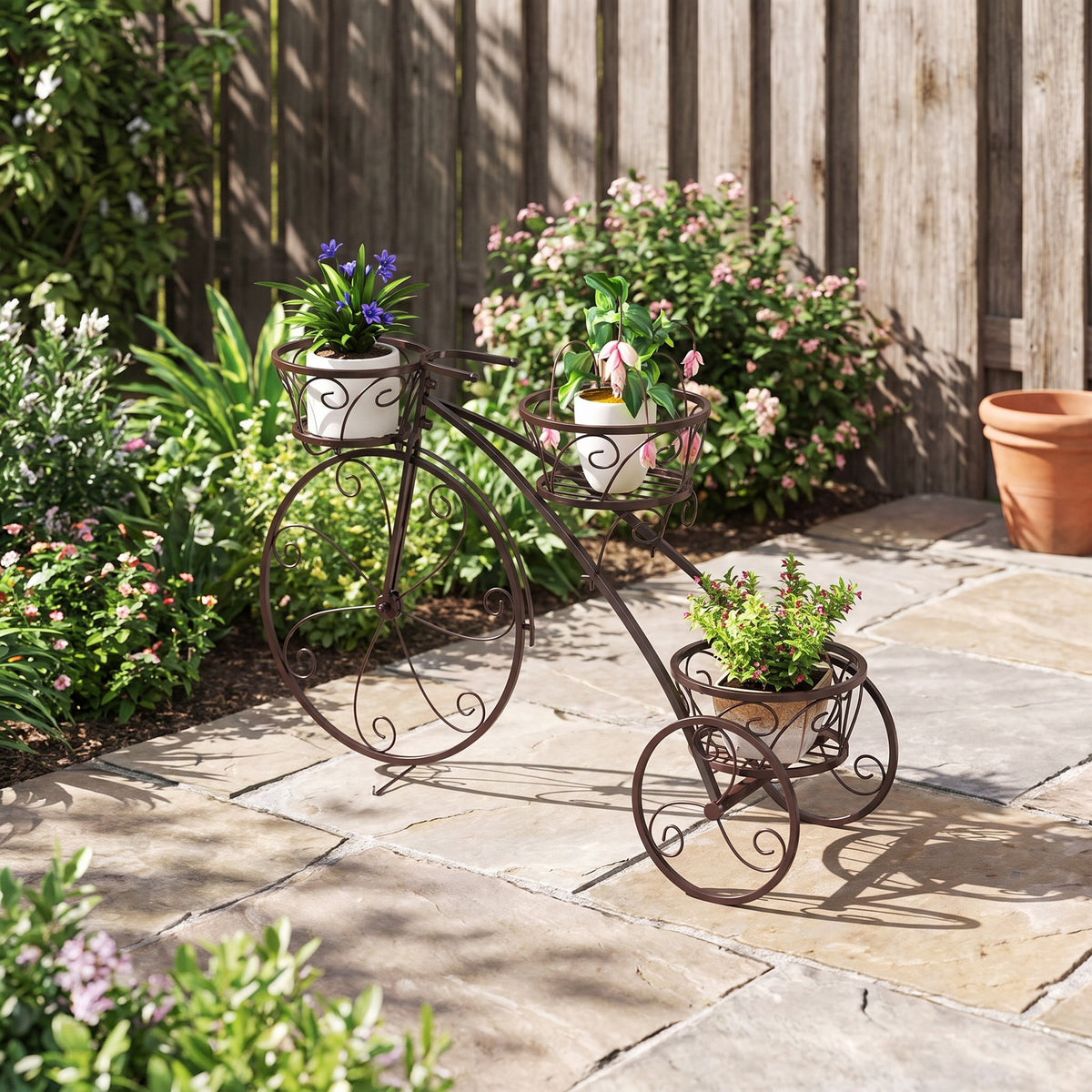 Airfind Tricycle Plant Stand Flower Pot Cart Holder with 3 Hollowed Baskets, Basket 11 LBS Capacity, Metal Frame, 33 x 10 x 20 Footprint, Bronze