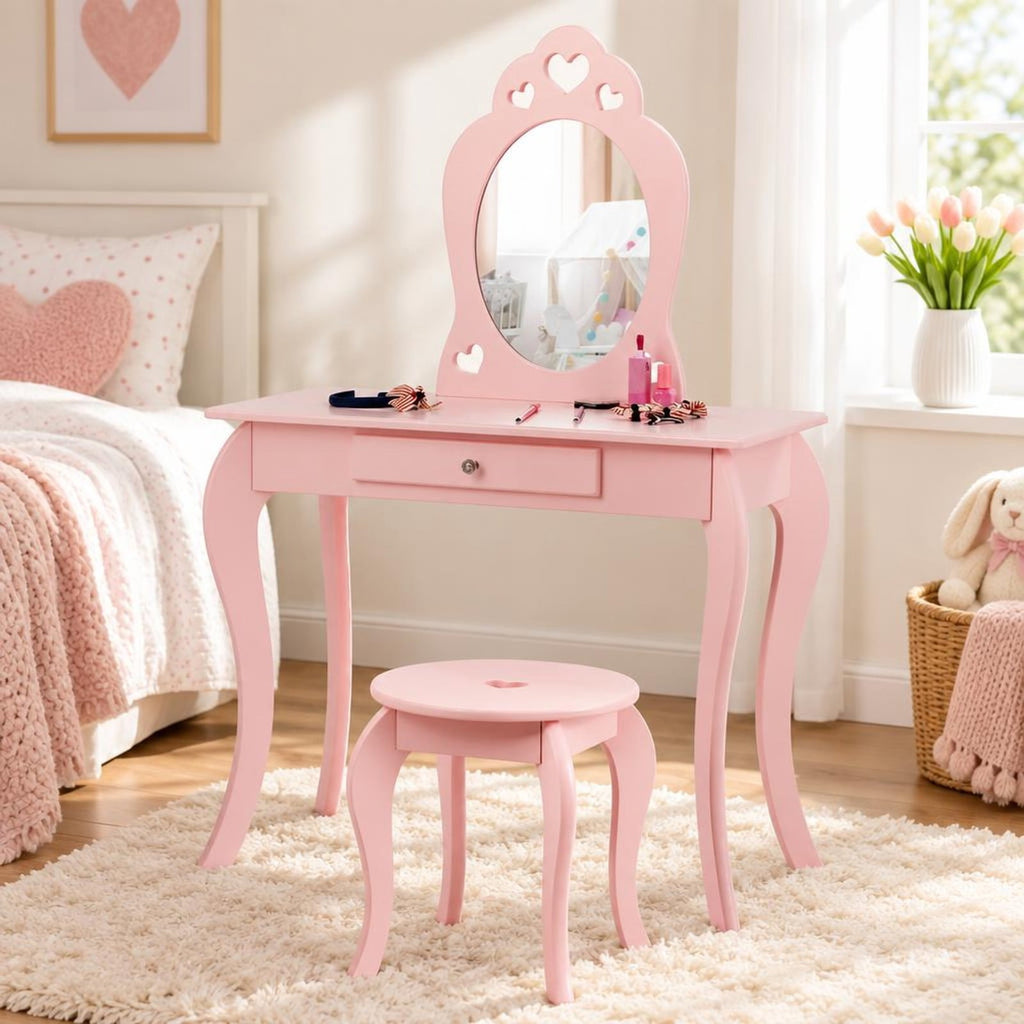 Airfind Kids Princess Makeup Dressing Play Table Set with Mirror, 33 lbs Capacity, MDF pine Frame, 27.5 Inch x 13.5 Inch x 41.5 Inch Footprint, Pink