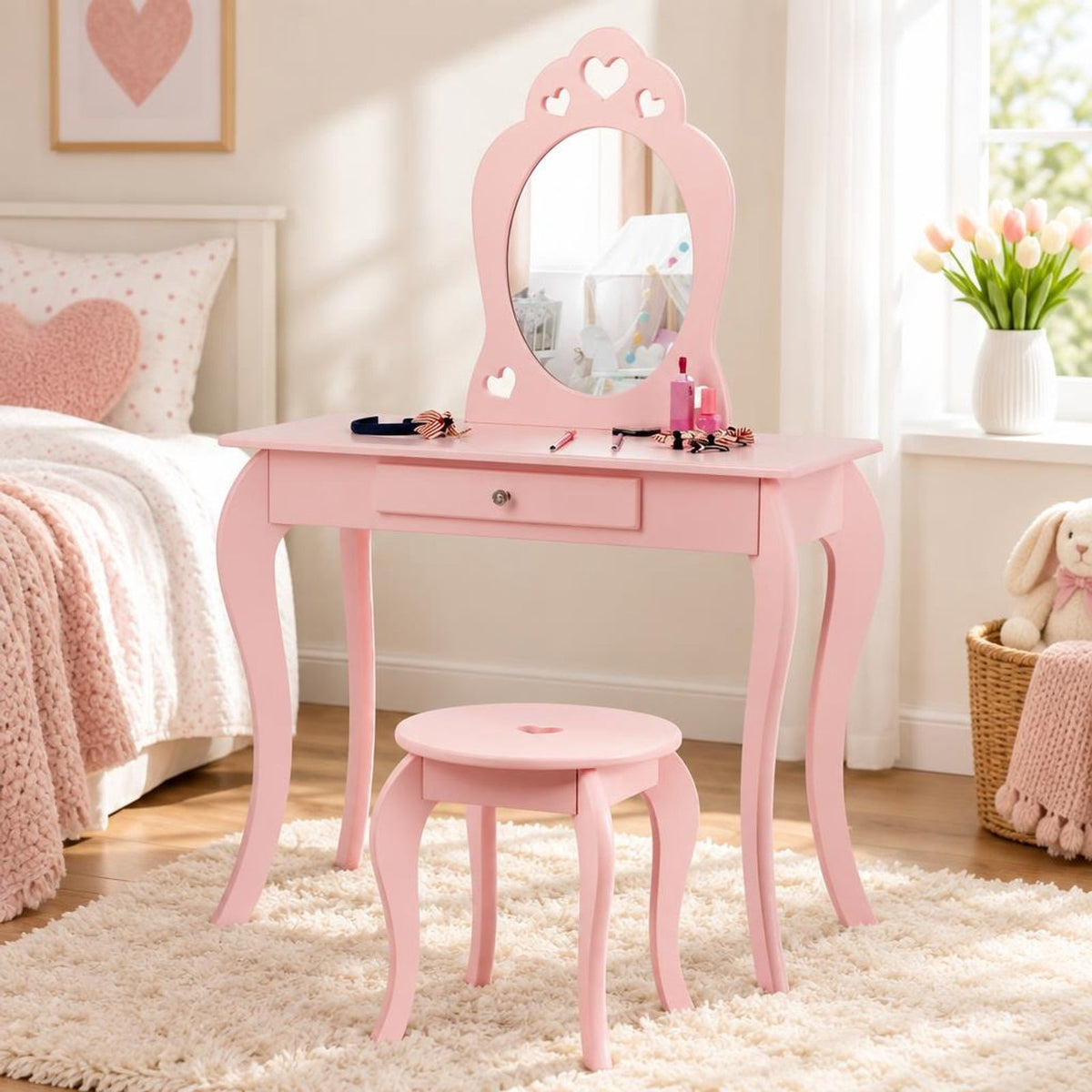 Airfind Kids Princess Makeup Dressing Play Table Set with Mirror, 33 lbs Capacity, MDF pine Frame, 27.5 Inch x 13.5 Inch x 41.5 Inch Footprint, Pink