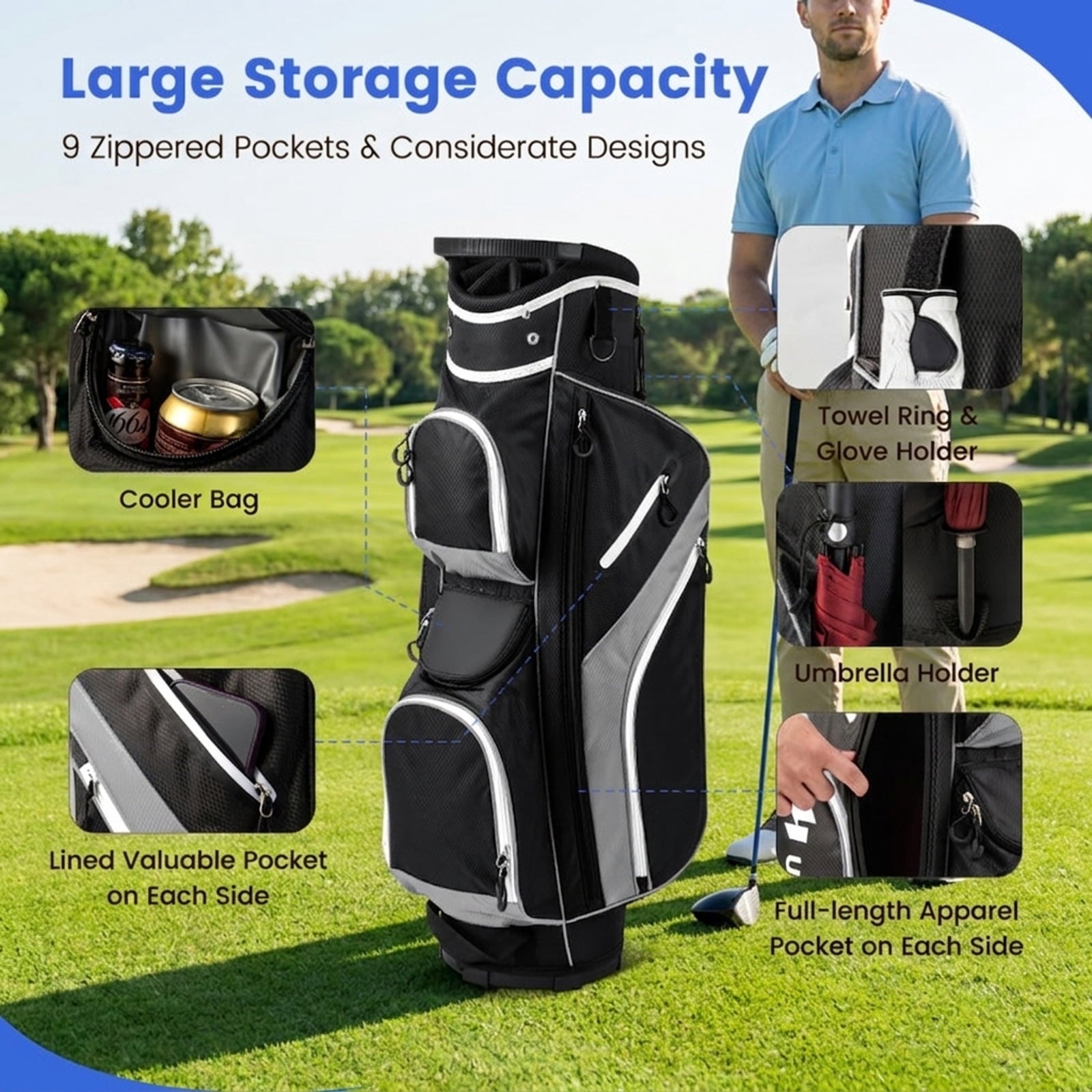 Airfind 14-Way Cart Bag with Rain Hood, Towel Ring and 9 Zippered Pockets, Gray