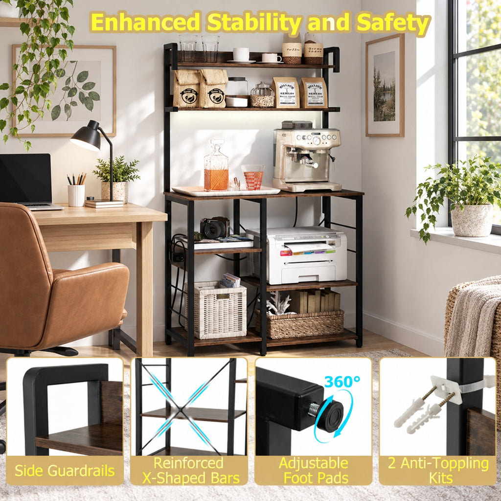 Airfind Kitchen Bakers Rack with Power Outlet 5-Tier Microwave Oven Stand with LED Lights, Top Shelf 4.5 lbs Capacity, Engineered Board Metal Frame