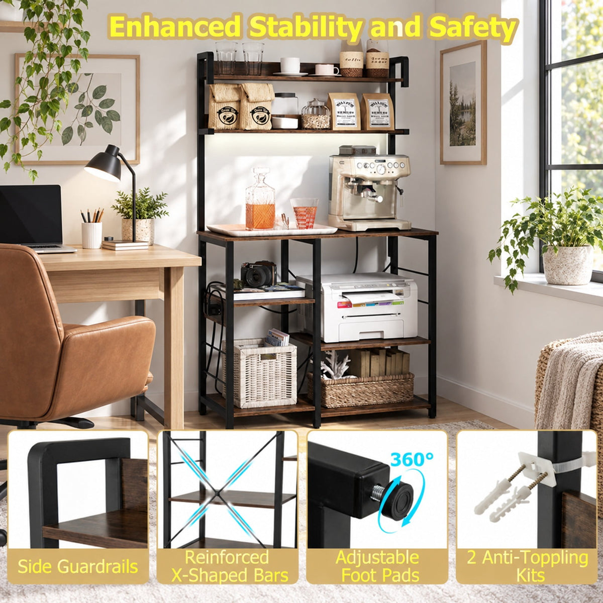 Airfind Kitchen Bakers Rack with Power Outlet 5-Tier Microwave Oven Stand with LED Lights, Top Shelf 4.5 lbs Capacity, Engineered Board Metal Frame