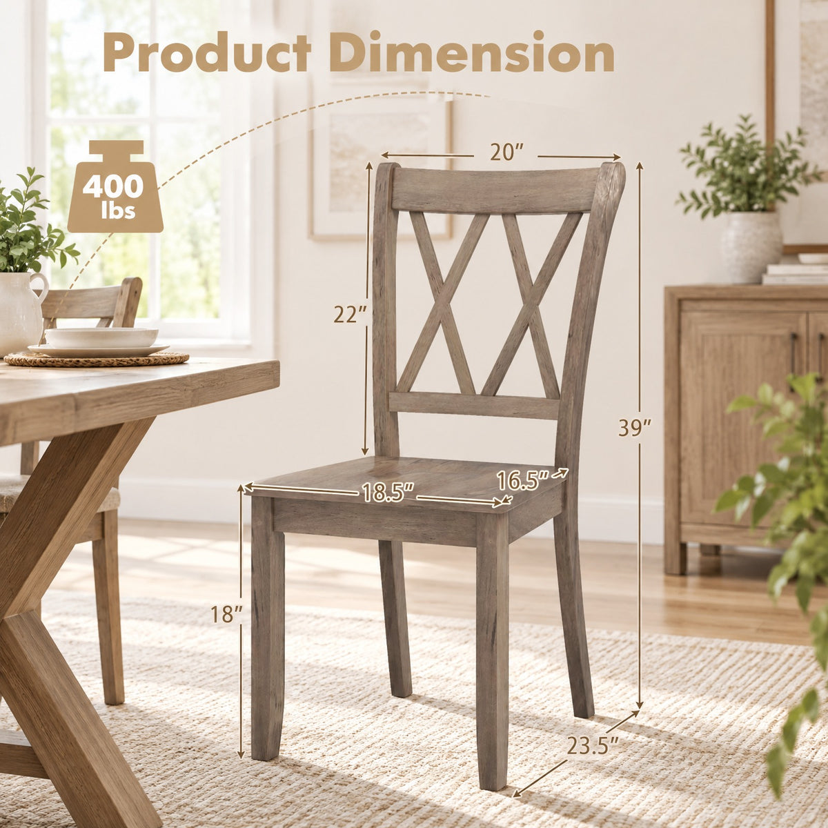 Airfind Set of 2 Wooden Dining Chairs Mid Century Farmhouse Retro Kitchen Chairs, 300 lbs Capacity, Rubber Wood Frame, 20 x 23.5 x 39 Footprint