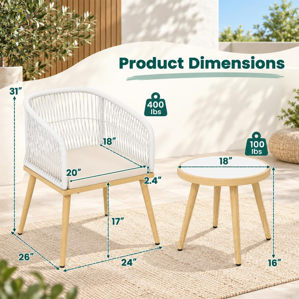 Airfind 3 Pieces Outdoor Bistro PE Wicker Conversation Furniture Set, 100 lbs Capacity, 18 x 16 Footprint, White