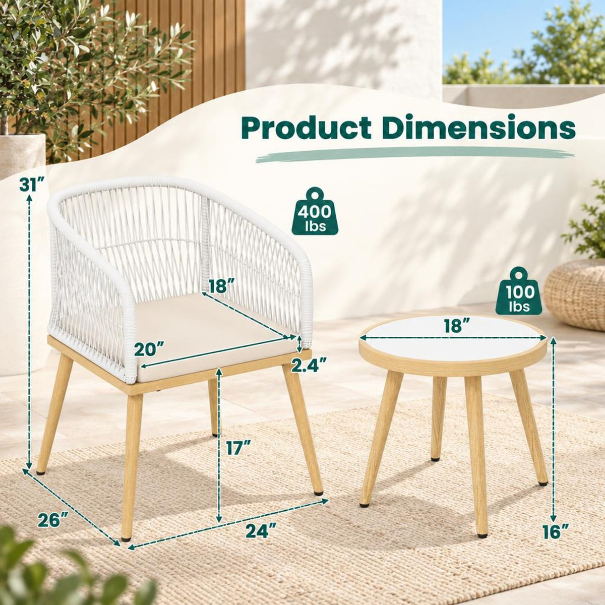Airfind 3 Pieces Outdoor Bistro PE Wicker Conversation Furniture Set, 100 lbs Capacity, 18 x 16 Footprint, White