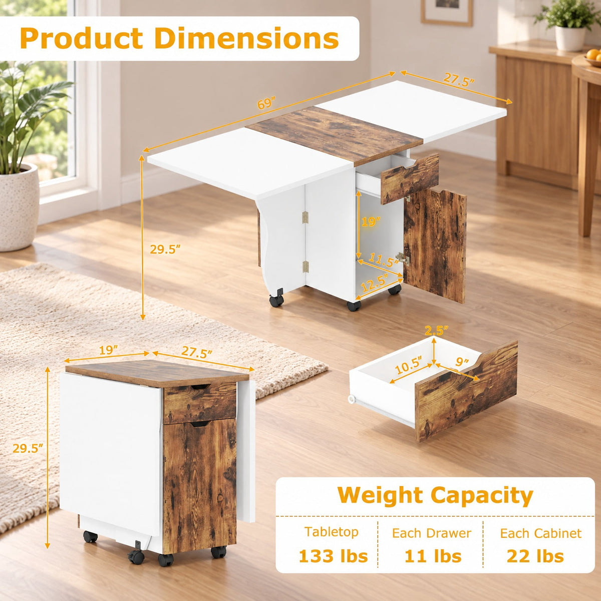 Airfind Folding Dining Table 3-in-1 Space-Saving Drop Leaf Kitchen Table with Lockable Wheels, 60 kg Capacity, 63.2 x 27.6 x 29.5 Footprint