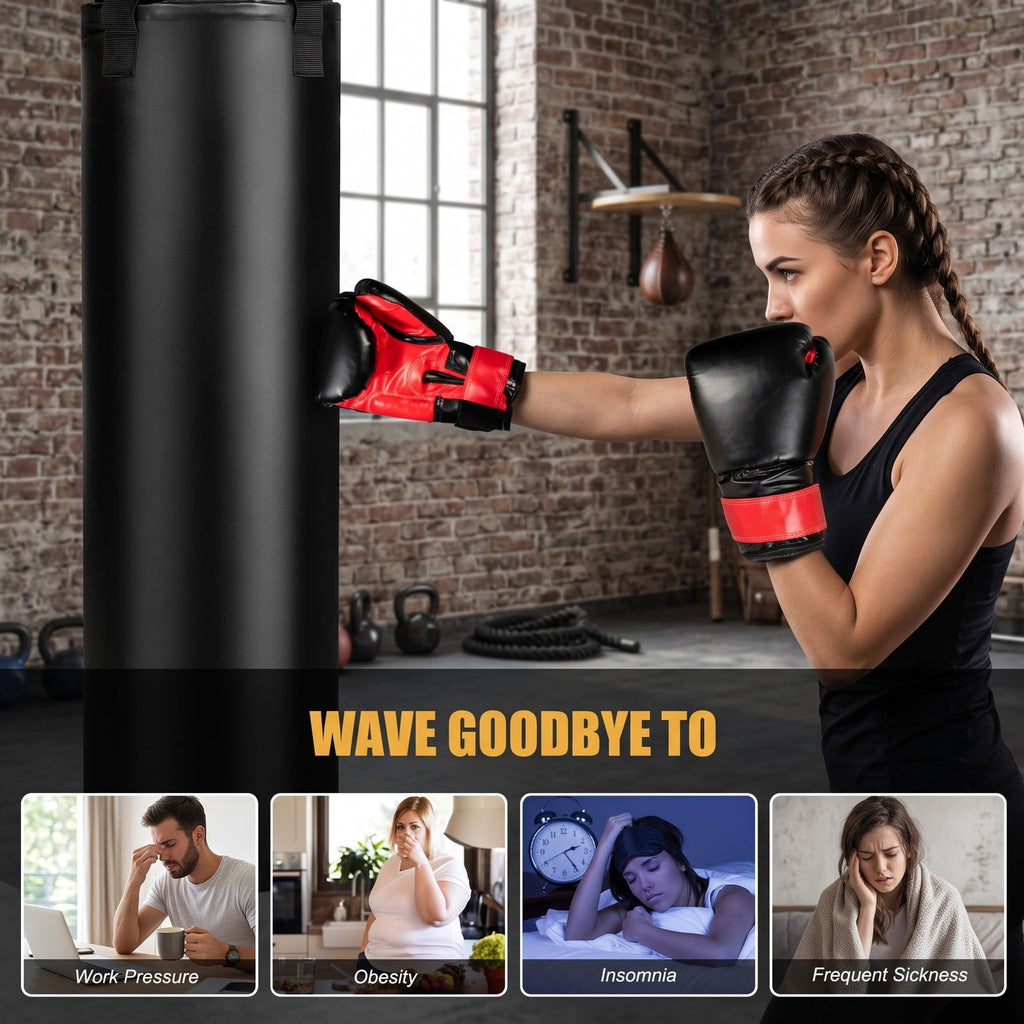 Airfind 63 lbs Filled Punching Bag Set with Boxing Gloves and Hand Wraps, Heavy Duty PVC Leather Freestanding Hanging Boxing Bag for Karate Muay Thai MMA, Black