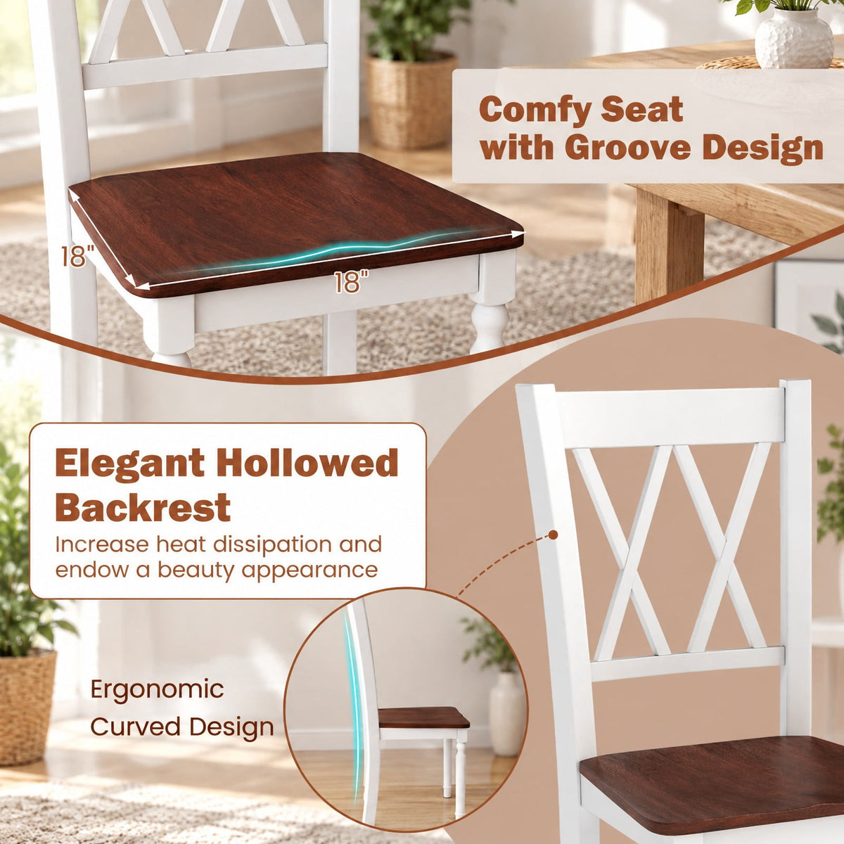 Airfind Set of 2 Wooden Farmhouse Kitchen Chairs with Rubber Wood Seat, 360 lbs Capacity, LVL Rubber Wood Acacia Wood Frame, Walnut+White